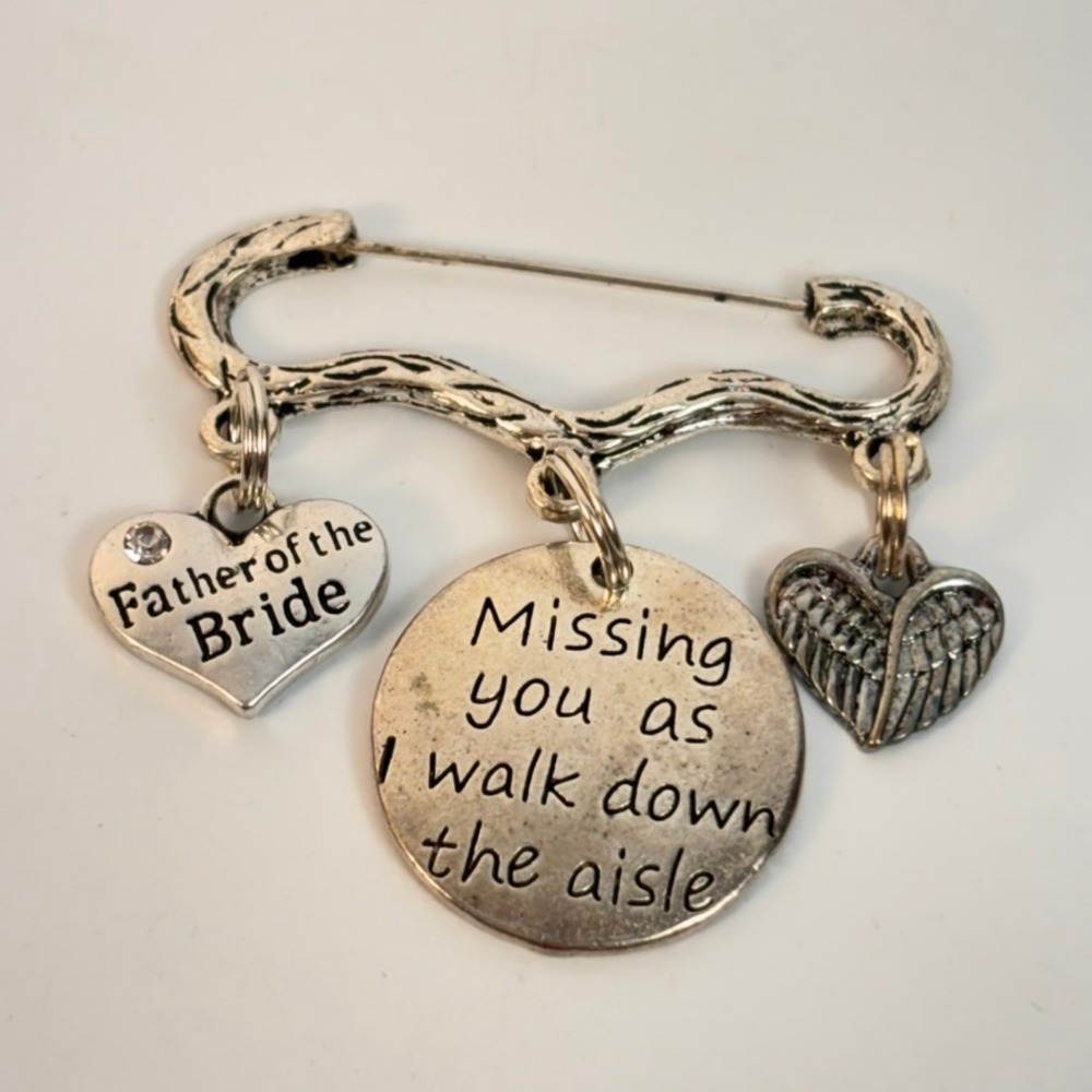 Memorial Wedding Brooch Silver Father of the Bride Missing You Aisle Charm Pin - Picture 5 of 7